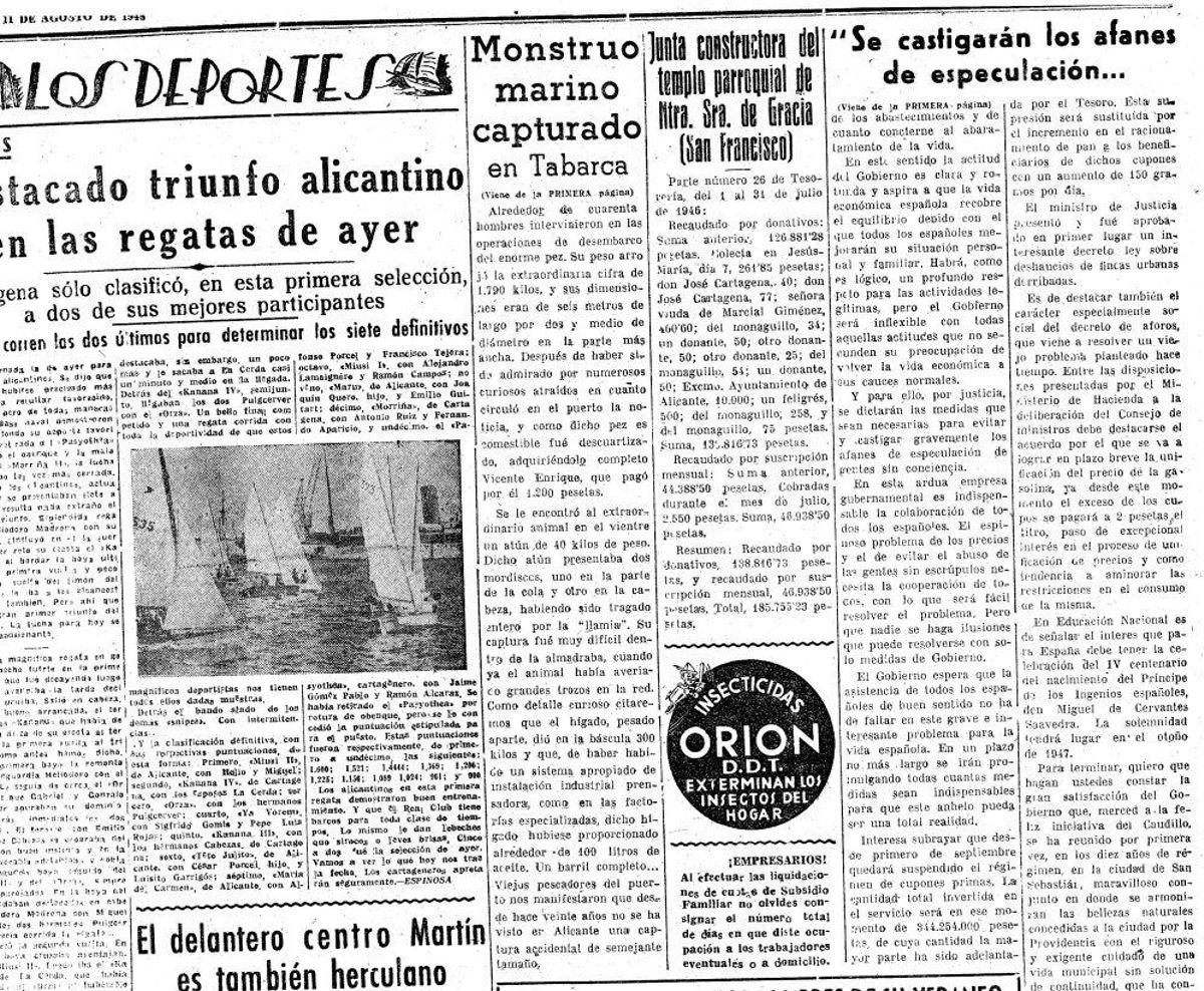 La noticia sobre el tiburón blanco en Tabarca capturado en 1946