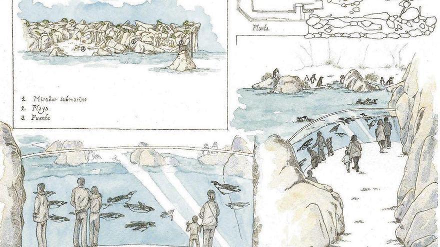 El boceto del futuro pingüinario, con mirador submarino como se observa en la parte inferior.