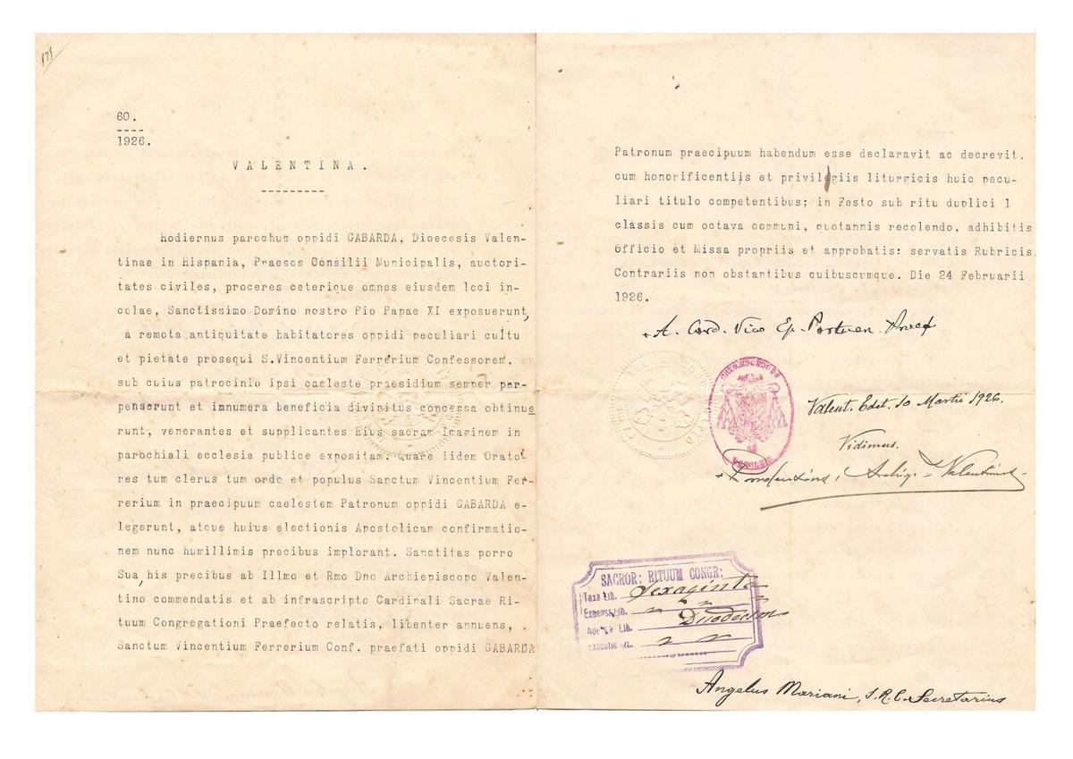 Bula papal por la que se declaró a Sant Vicent Ferrer como patrón de Gavarda.