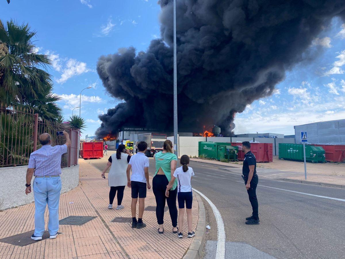 Un incendio de grandes dimensiones amenza un polígono industrial de Almendralejo