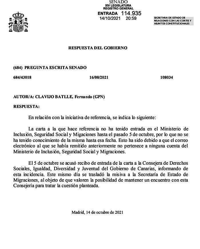 La respuesta de Migraciones a la pregunta del senador Fernando Clavijo.