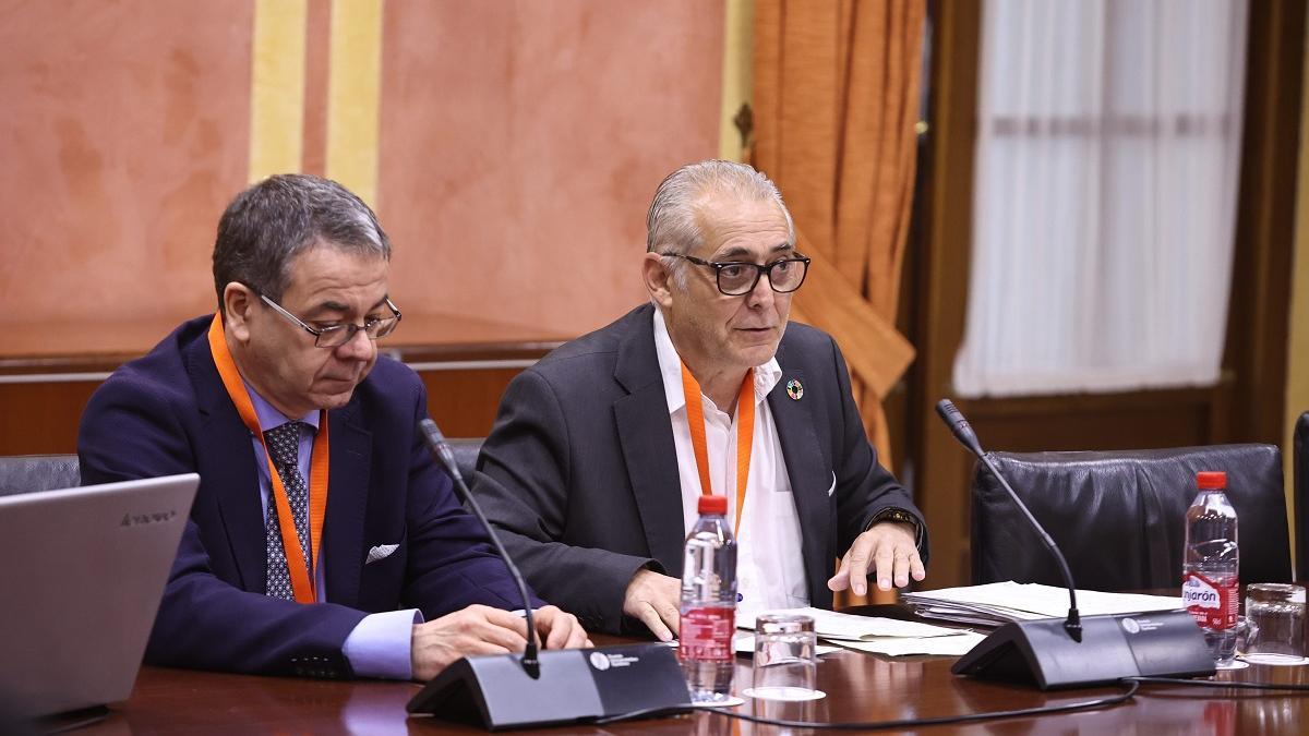 El presidente de la Confederación Hidrográfica del Gualdquivir, Joaquín Páez, a la derecha de la imagen, este martes en su comparecencia en el grupo de trabajo de sequía del Parlamento de Andalucía.