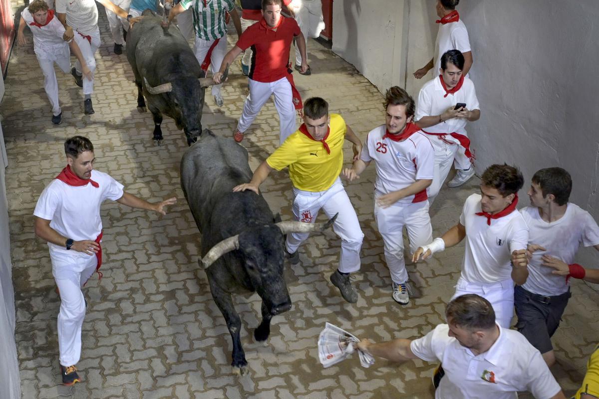 Los toros de José Escolar protagonizan un veloz y atropellado quinto encierro de los Sanfermines.
