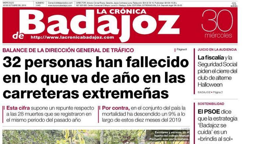 Esta es la portada de LA CRÓNICA DE BADAJOZ correspondiente al día 30 de octubre del 2019