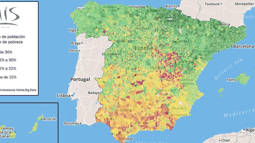 El color rojo marca los municipios donde hay un mayor riesgo de pobreza y el verde, donde menos.