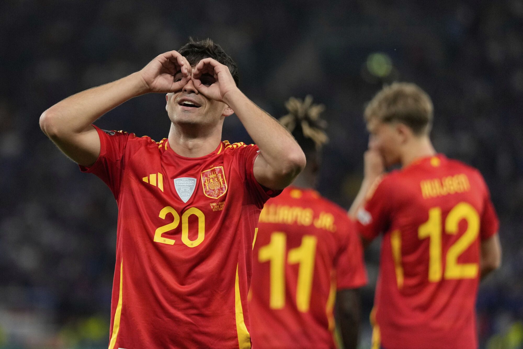 Spain's Pedri celebrates after scoring during the Nations League semifinal soccer match between Spain and France in Stuttgart, Germany, Thursday, June 5, 2025. (AP Photo/Matthias Schrader). EDITORIAL USE ONLY/ONLY ITALY AND SPAIN