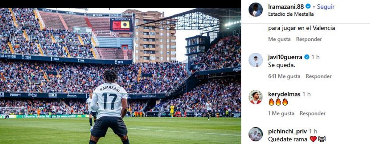 La fotografía que colgó Ramazani y, a la derecha, el mensaje escrito por Javi Guerra