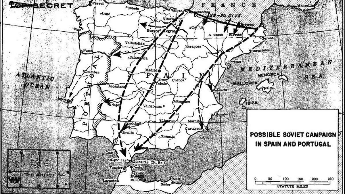 Esquema de la previsión de avance soviético en una invasión España y Portugal. Documento de septiembre de 1953 desclasificado por la OTAN