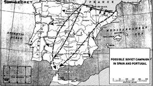 Esquema de la previsión de avance soviético en una invasión España y Portugal. Documento de septiembre de 1953 desclasificado por la OTAN