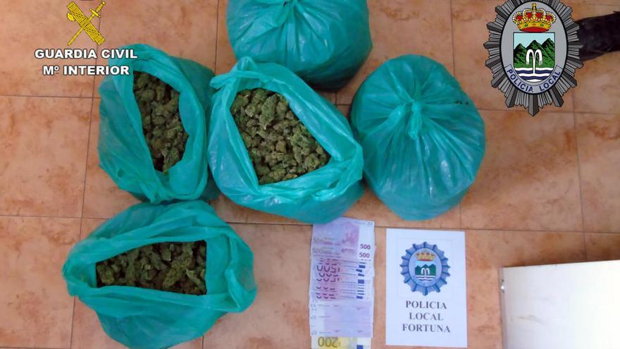 Detenidas in fraganti dos personas con más de seis kilos de cogollos de marihuana y 20.000 euros en Fortuna