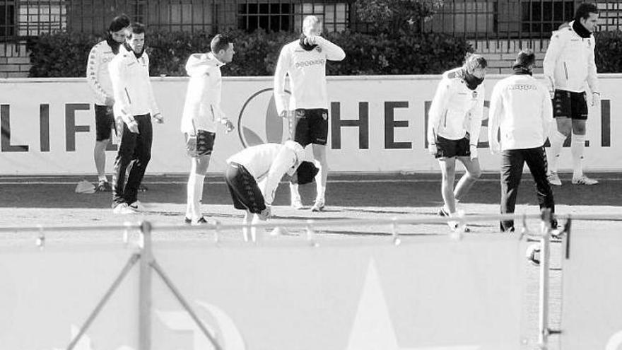 Villa, segundo por la derecha, de espaldas, y Albelda, segundo por la izquierda, con otros jugadores del Valencia tras el incidente del entrenamiento de ayer.