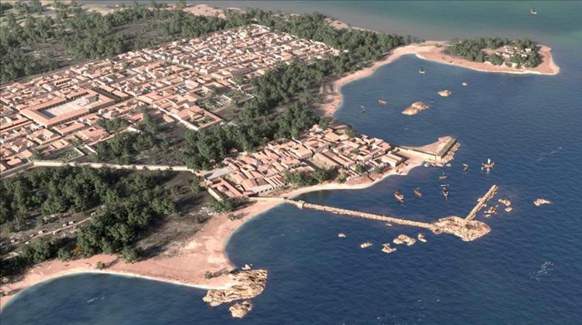 Recreación de la ciudad griega y luego romana de Empúries en su máximo esplendor, antes de que, abandonada, sirviera de cantera de la Empúries cristiana.