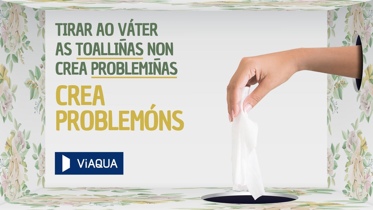 Viaqua lanza unha campaña de concienciación sobre os problemas que producen nas redes de saneamento produtos como máscaras,  bastonciños e toalliñas