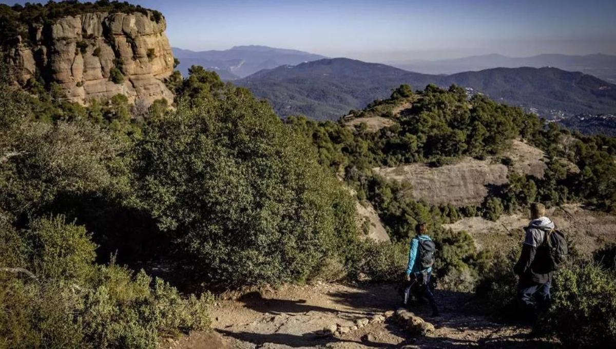 Patrícia González i Marc Nieves baixen del cim de la Mola, el punt més alt del parc natural de Sant Llorenç del Munt i de l'Obac amb 1104 metres d'altitud
