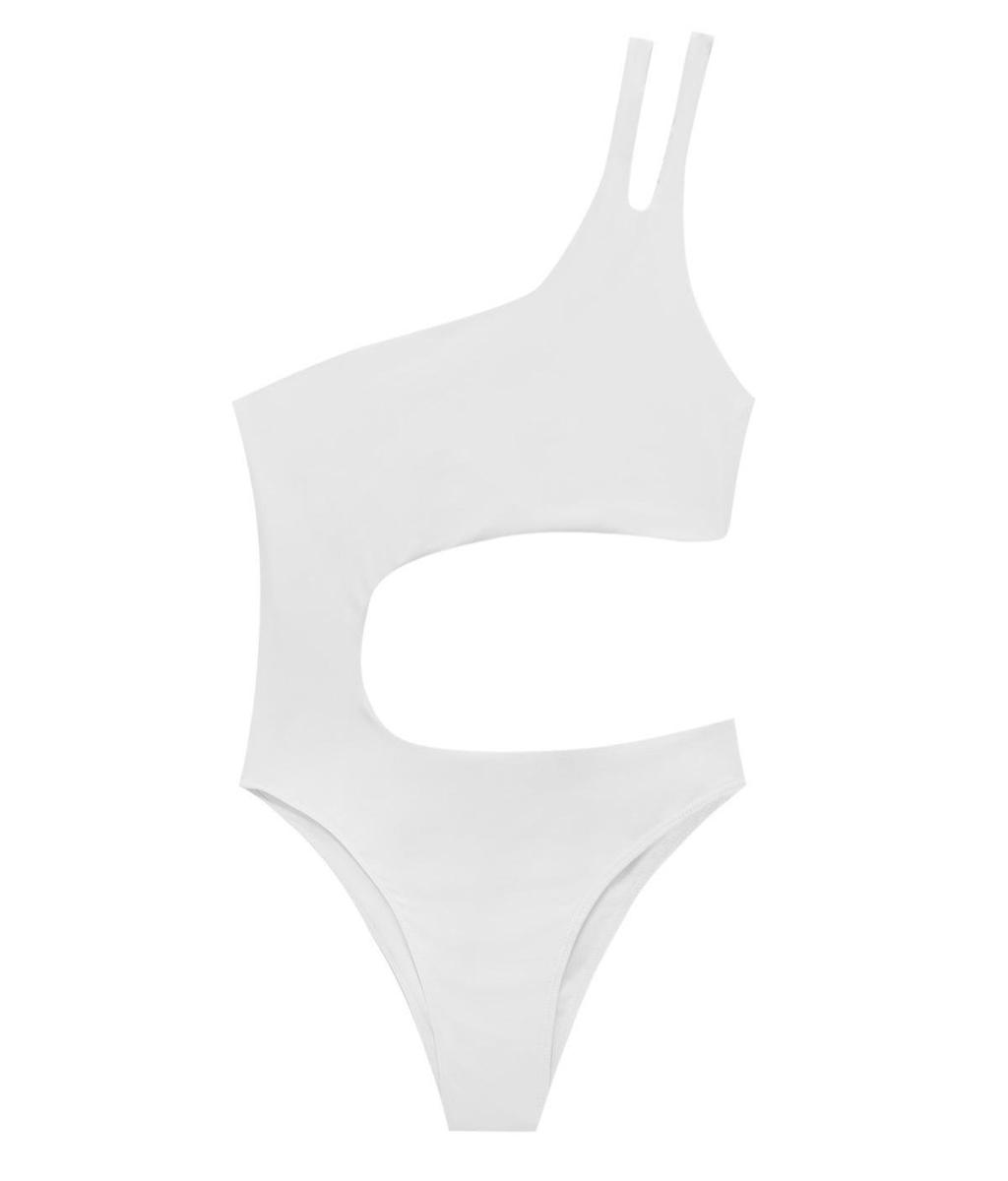 Trikini blanco asimétrico con un solo tirante con arandela y en tejido ligeramente elástico