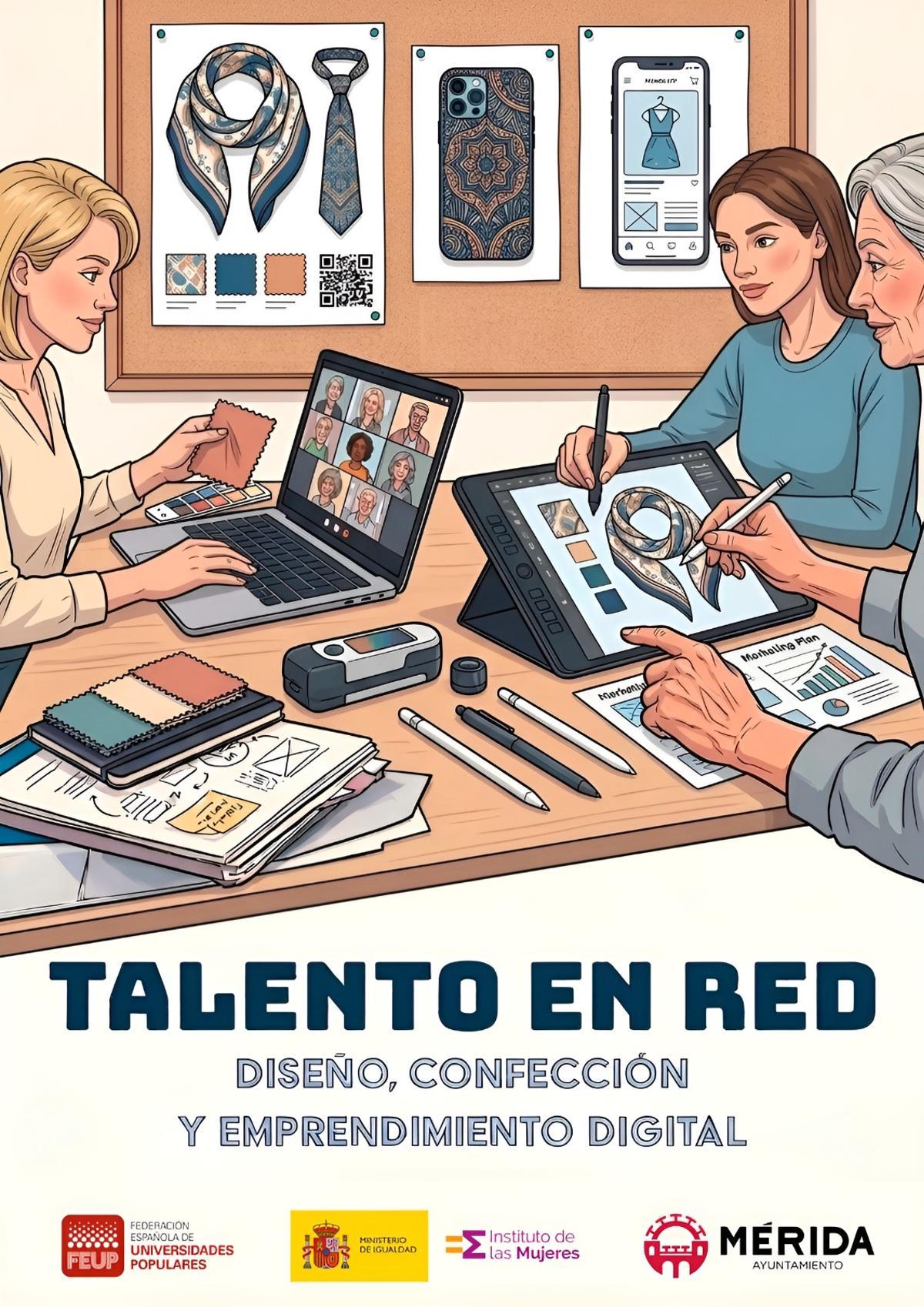 Cartel del proyecto "Talento en Red", centrado en diseño, confección y emprendimiento digital.