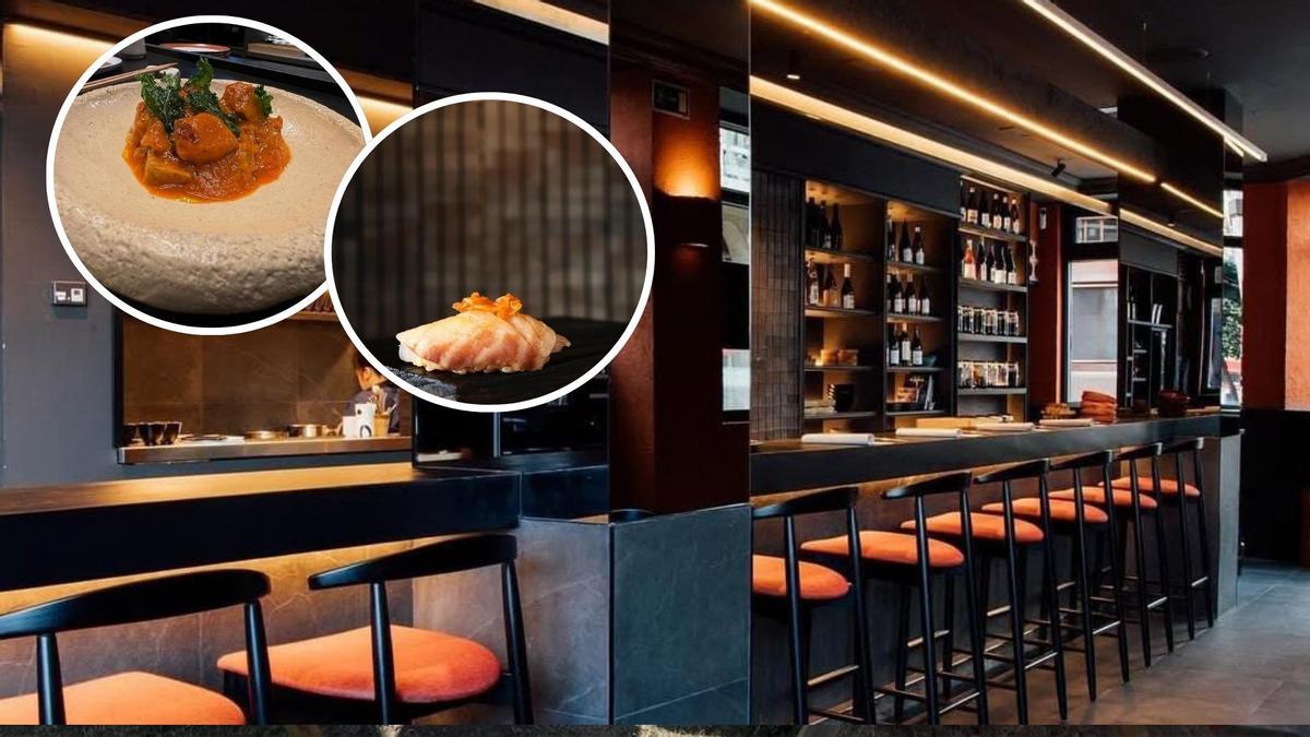 El restaurante Fumu de Gijón, y en los círculos, dos de sus platos.