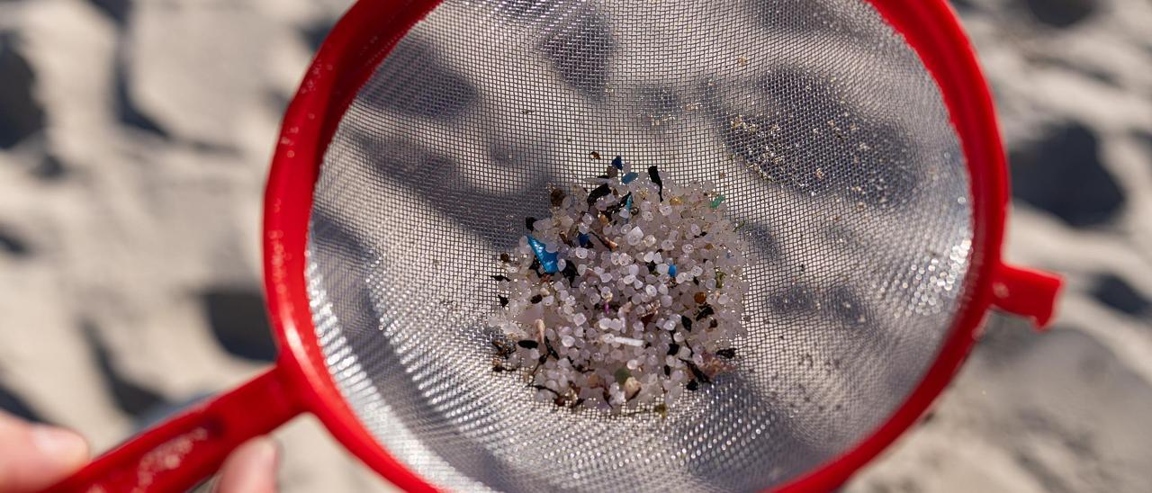 Unha persoa voluntaria na lilmpeza das praias amosa os restos de plásticos recollidos