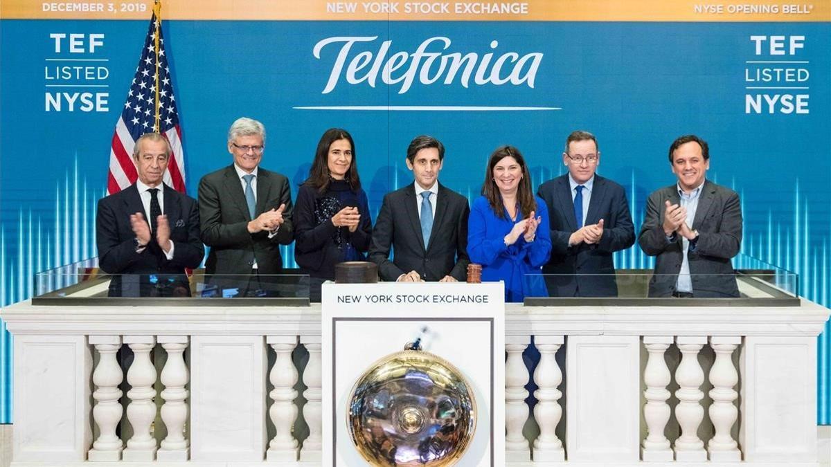 El presidente de Telefónica, José María Álvarez-Pallete, da inicio a la sesión de la bolsa de Nueva York