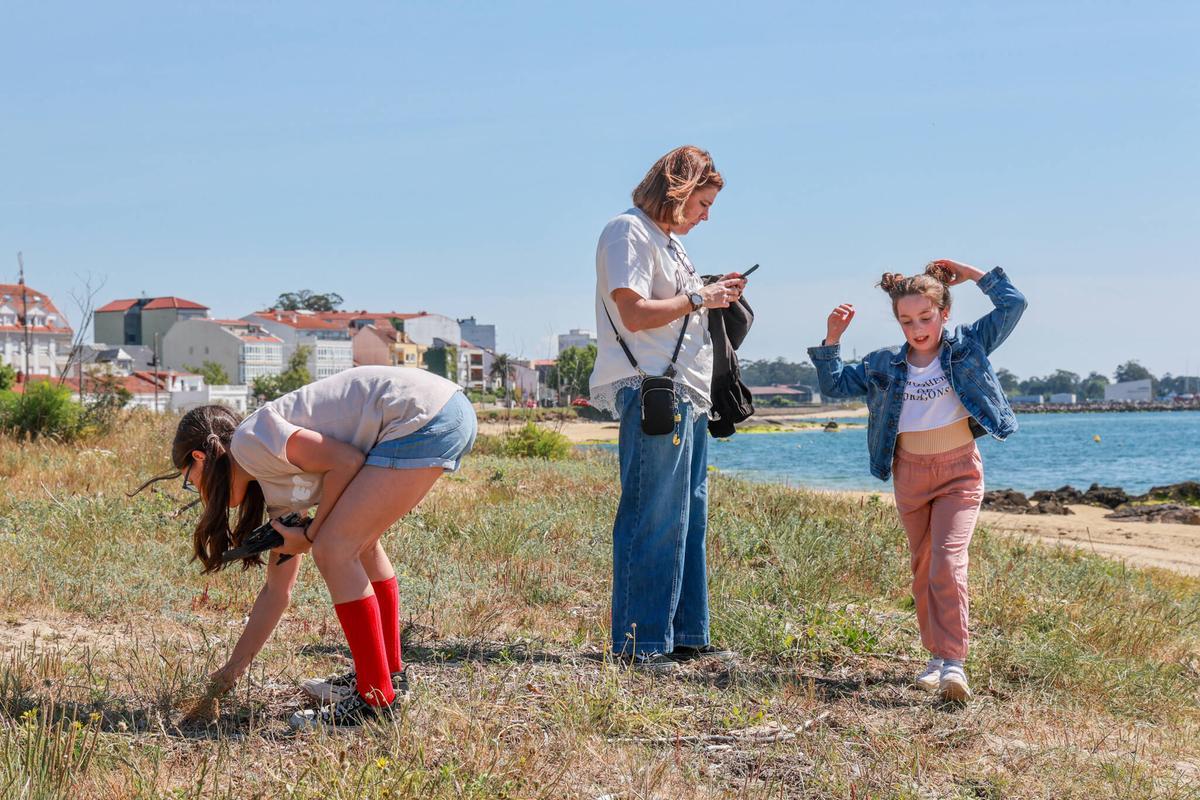 Dos niñas recogen palos de batea en la playa de As Sinas (Vilanova)