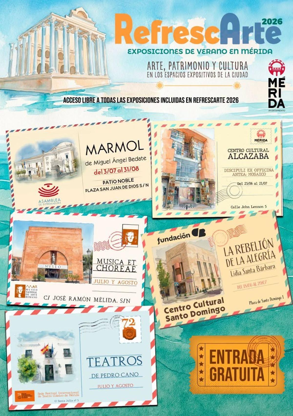 Cartel de la programación de “Refrescarte 2026”, con exposiciones gratuitas en distintos espacios culturales de Mérida.