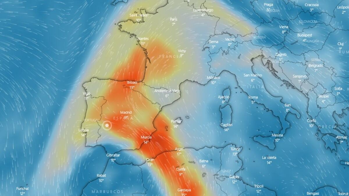 Previsión de la llegada de polvo africano para este miércoles.