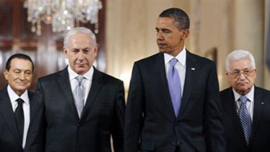 Obama con Abbas y Netanyahu.