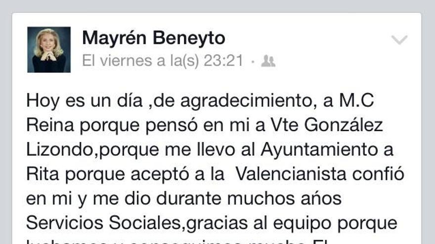 Mayrén Beneyto renuncia a seguir en el ayuntamiento de Valencia