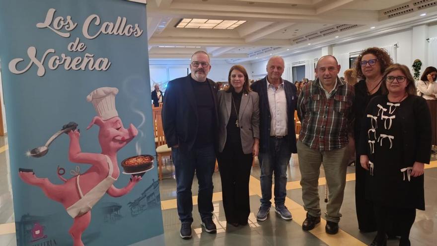 Por la izquierda, Edu Galán, Adriana Lastra, Juan Fernández, Juan Ernesto Barbeira, Aida Fernández y Ana González, durante la presentación de las Jornadas de los callos de Noreña. | L. R.