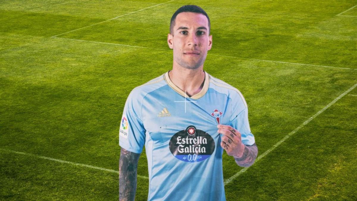 Hugo Mallo posa con la nueva primera camiseta celetes