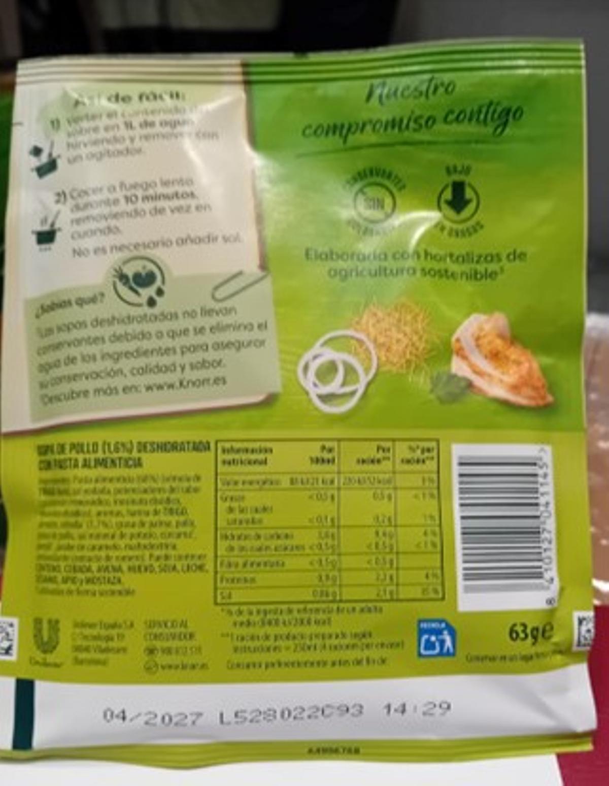 Caducidad y lote de la sopa de pollo Knorr afectada