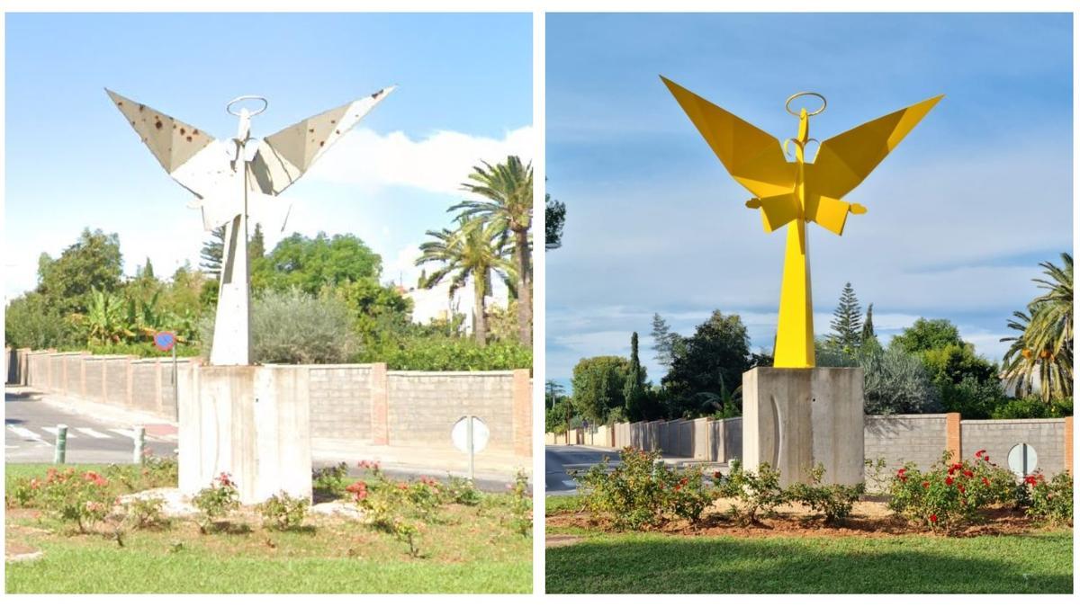 Así estaba la escultura del ángel de la rotonda de la urbanización Los Ángeles de Vila-real (izquierda) y así luce en la actualidad (derecha).