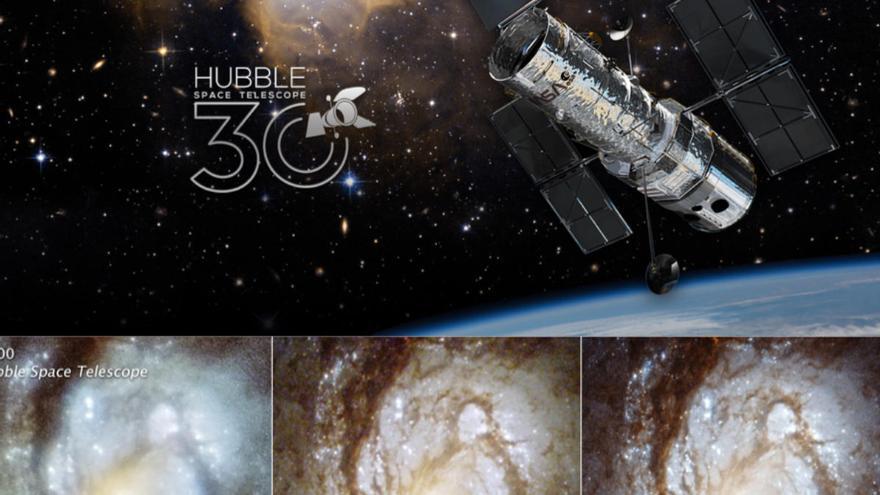Panel superior: montaje con la imagen real del Telescopio Espacial Hubble (Hubble Space Telescope en inglés) creada para celebrar su 30 aniversario. Panel inferior: evolución en la calidad de imagen del Telescopio Espacial Hubble con el tiempo para una misma galaxia, M100. Se puede apreciar el cambio significativo después de la primera misión de servicio a finales de 1993. Créditos imágenes: NASA, ESA, STScI y Judy Schmidt. Montaje: Jairo Méndez Abreu.