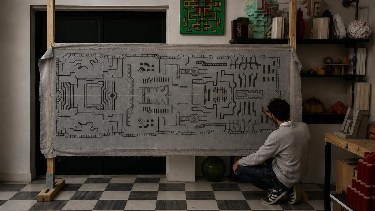 Pablo Párraga elaborando en el taller de Las Ánimas su tapiz alfombra 'Relicto' sobra lana y algodón.