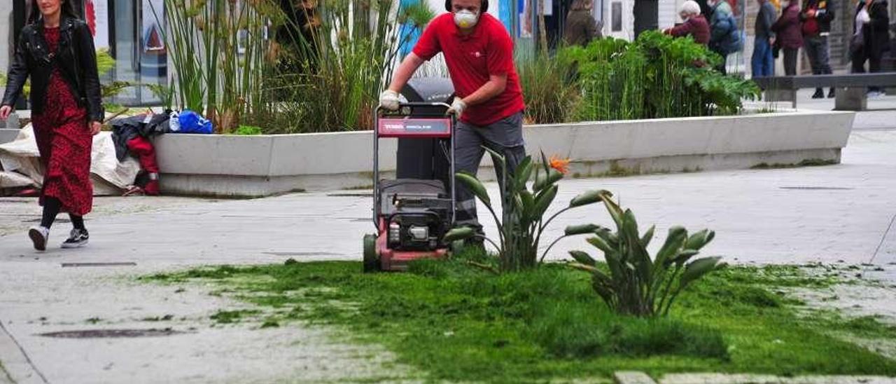 Un trabajador de Jardines en la Plaza de Galicia. A la izquierda, el alcalde en la puerta del consistorio. // Iñaki Abella