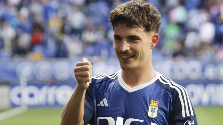 Jaime Seoane, celebrando su gol al Burgos el pasado sábado en el Tartiere. | Juan Plaza