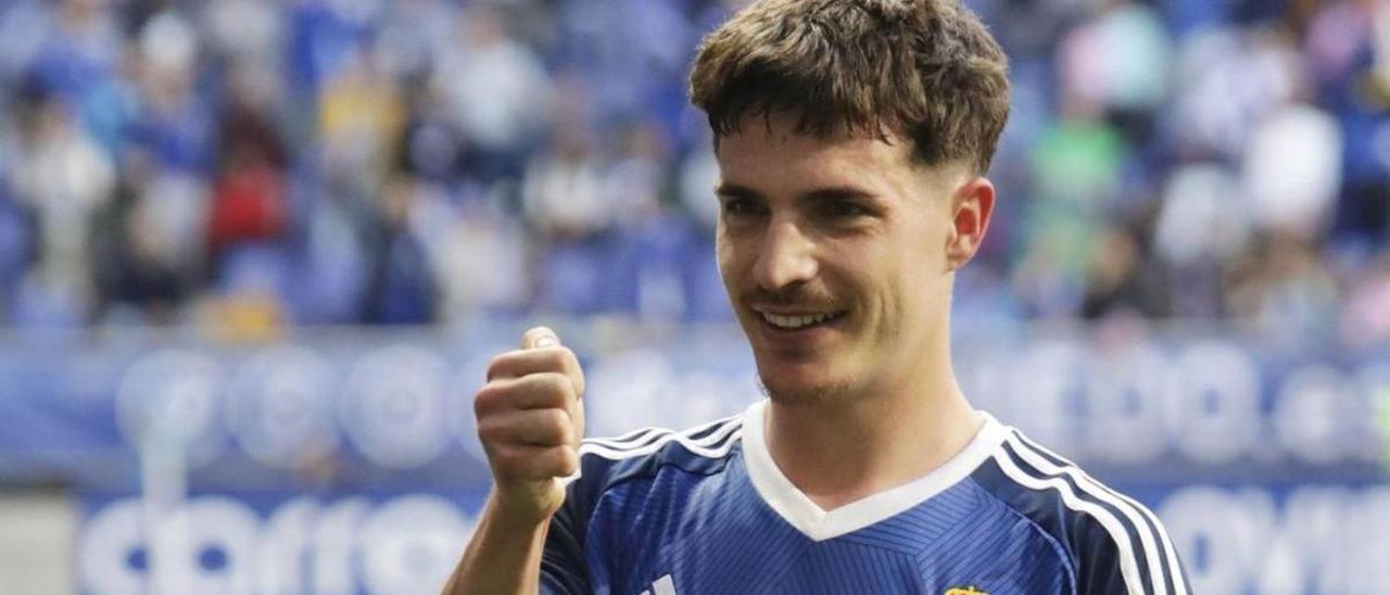 Jaime Seoane, celebrando su gol al Burgos el pasado sábado en el Tartiere.