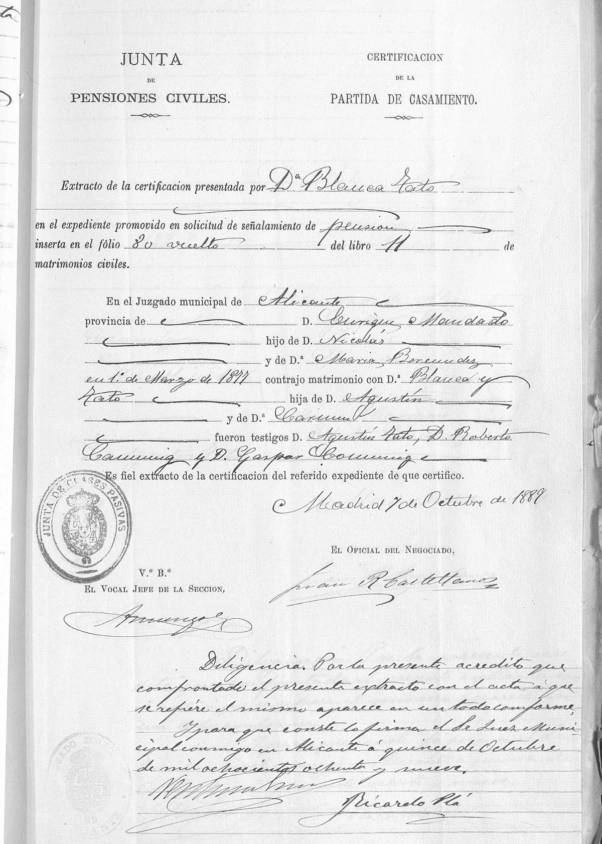Certificado da acta de matrimonio de Enrique e Blanca.