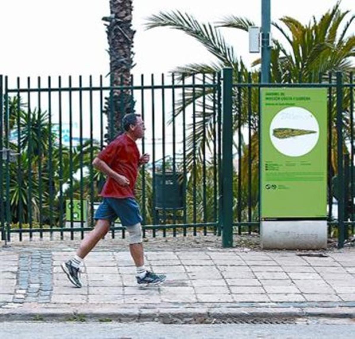 Un home corre davant un dels accessos tancats del parc. Un home corre davant un dels accessos tancats del parc.
