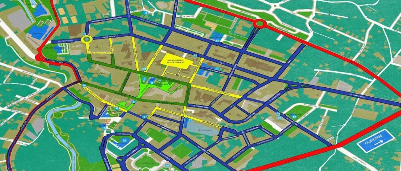 Mapa de calles del Plan de Acción para o Comercio e a Hostalería da Vila de Lalín elaborado por Bouzón.