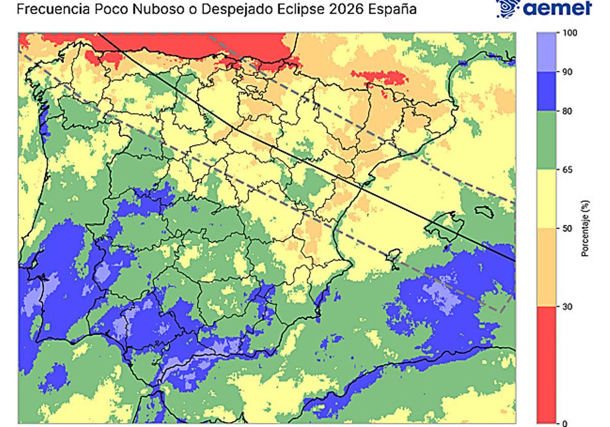 Mientras llega la predicción meteorológica específica, AEMET ha elaborado un mapa que permite conocer la frecuencia histórica de cielos despejados o poco nubosos en las fechas y horas próximas al eclipse