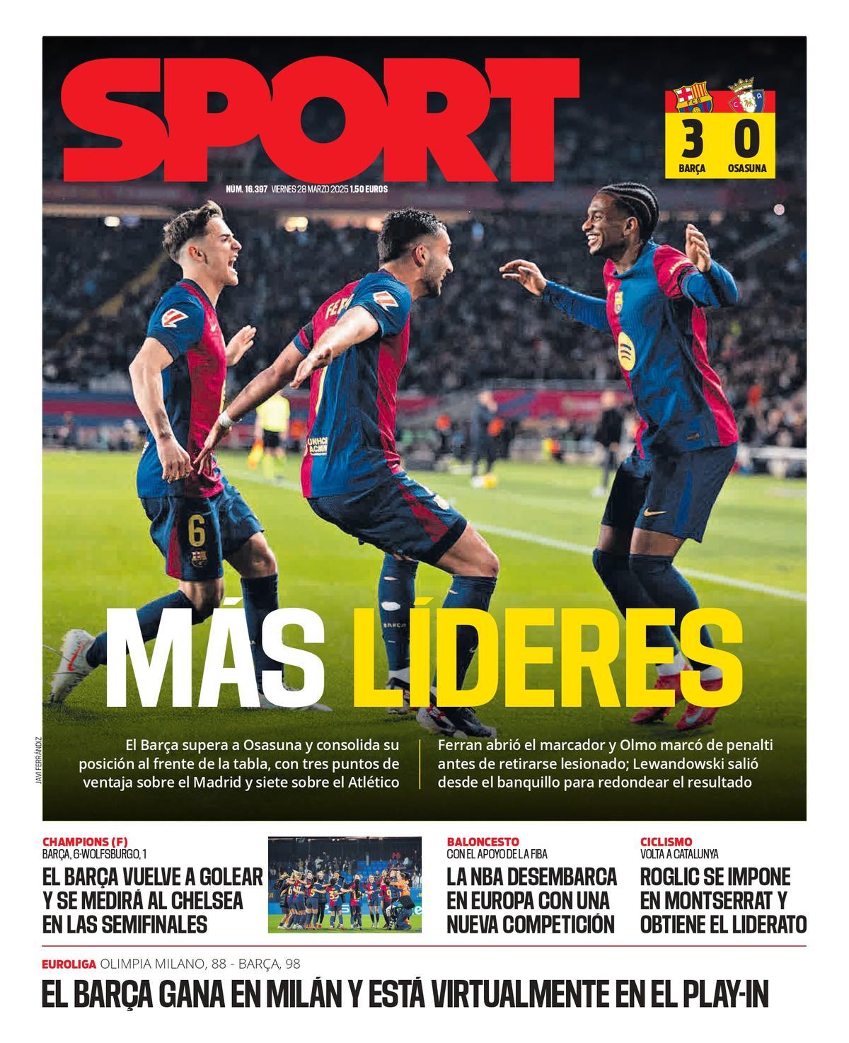 Esta es la portada de SPORT de hoy viernes, 28 de marzo de 2025