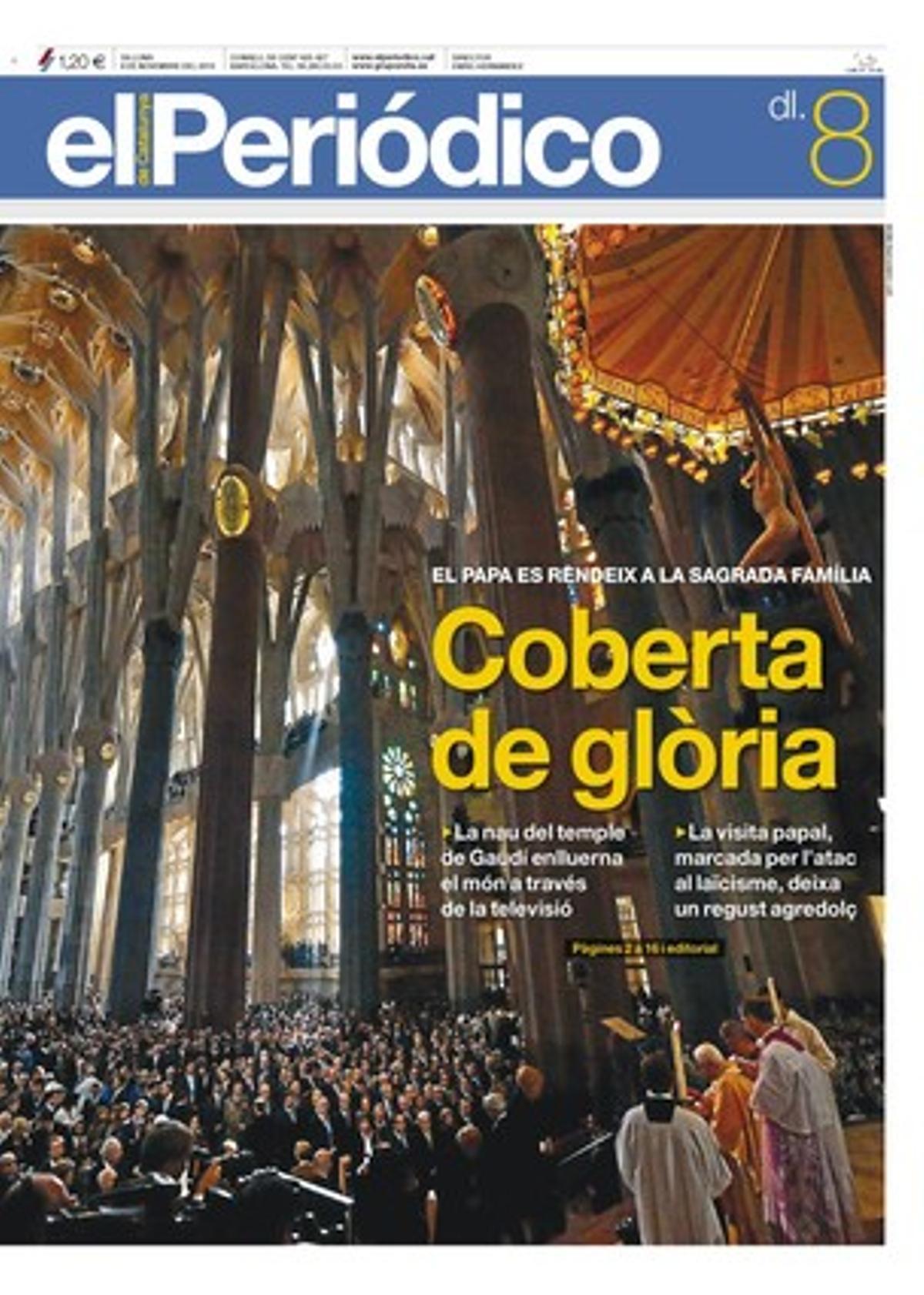 A més del desplegament de la visita del Papa a la Sagrada Família, EL PERIÓDICO també destaca que CiU planeja tancar la campanya electoral amb un míting de masses al Palau Sant Jordi, l’auge de les dones que trien ser mares soles, i que bancs i caixes apugen comissions davant la caiguda del marge financer. El quadern ’Esports’ ofereix els resultats de la jornada dominical.