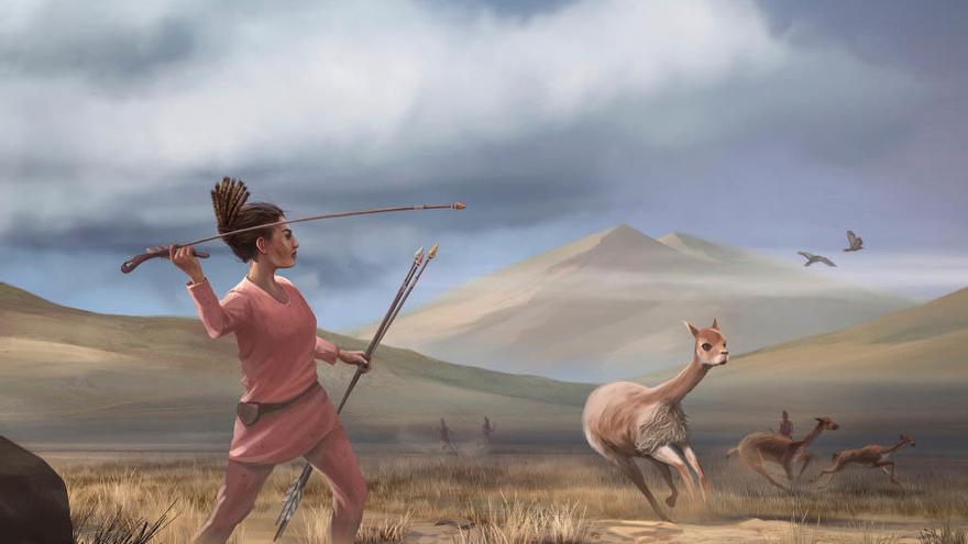 Una ilustración muestra a una mujer cazadora en la prehistoria