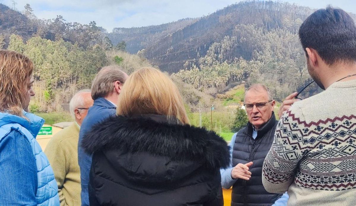 El consejero Alejandro Calvo (en el centro) observa desde Aristébano los montes alcanzados por las llamas con la teniente de alcalde de Valdés, Sandra Gil, y el concejal de Medio Rural valdesano, Jesús Fernández.