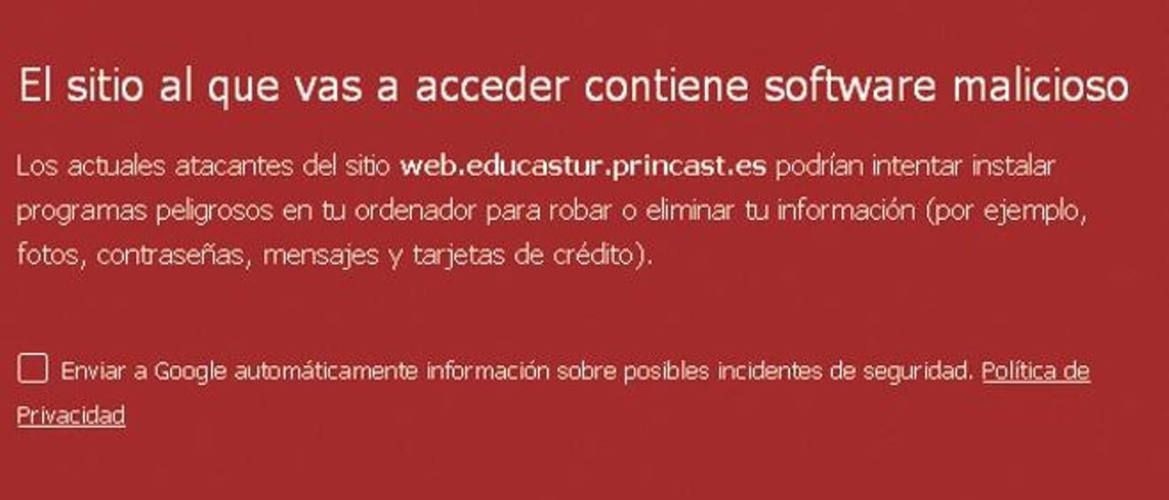 Pantalla que salta al tratar de acceder a las webs de colegios alojadas en los servidores antiguos.