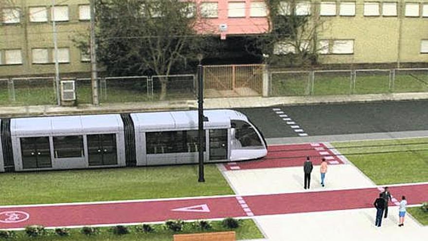 Recreación virtual del tranvía a su paso por la localidad de Barredos, en Laviana.