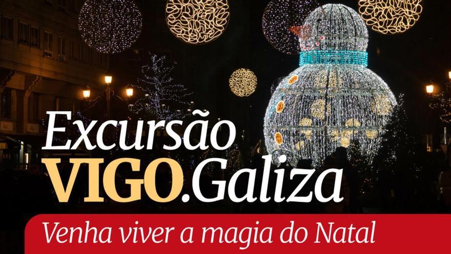 Uno de los muchos carteles que anuncian excursiones desde Portugal a las luces de Navidad de Vigo para este fin de semana.