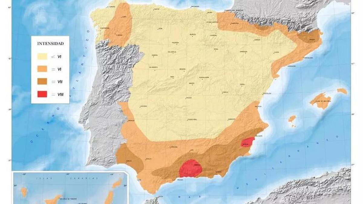 Mapa de peligrosidad sísmica en España donde destaca la Vega Baja y Granada.