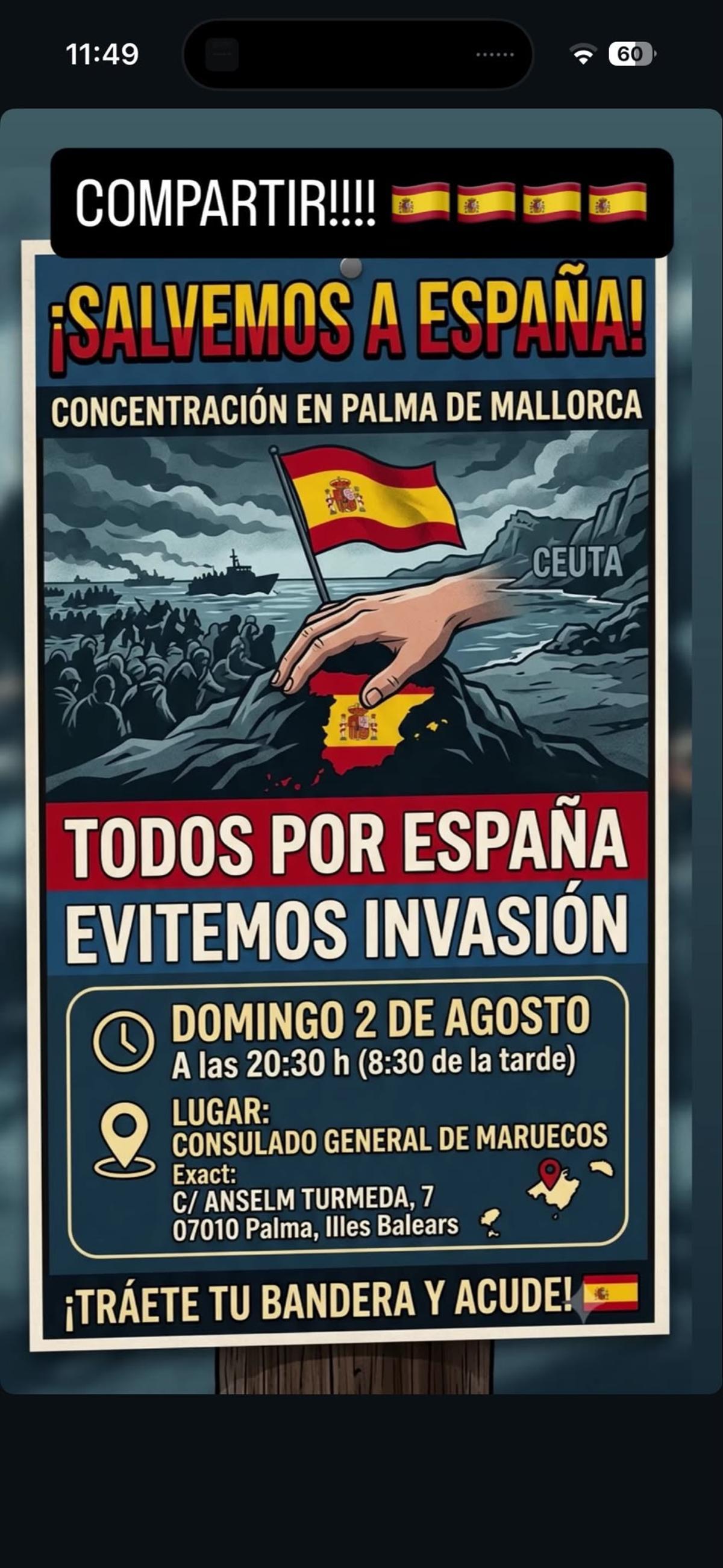 Captura de la convocatoria para concentrase frente al Consulado de Marruecos en Palma que cirula por las redes sociales.